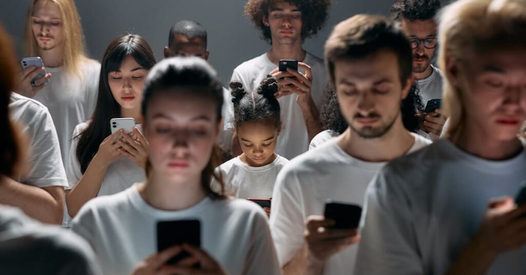 A diverse group of people engrossed in their smartphones, highlighting modern social connectivity.
